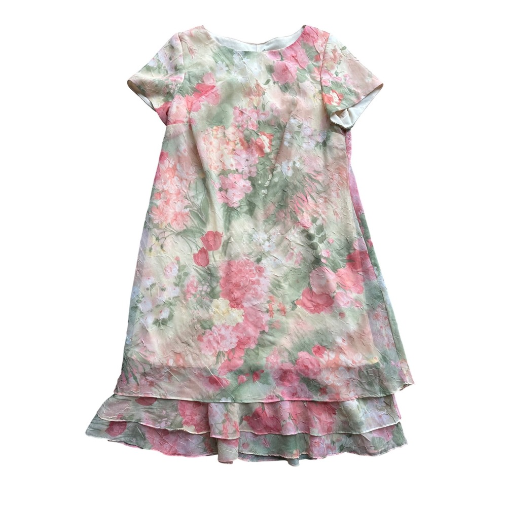 Floral Tiered Ruffle Hem Shift Dress Pink cottagecore Sleeve Textured Chiffon‎